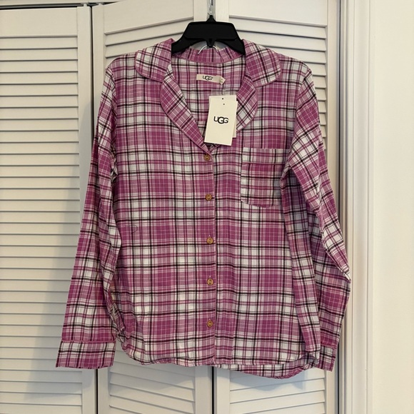 UGG Women’s Pink and White Plaid Pajama Set - Long Sleeve Shirt & Shorts